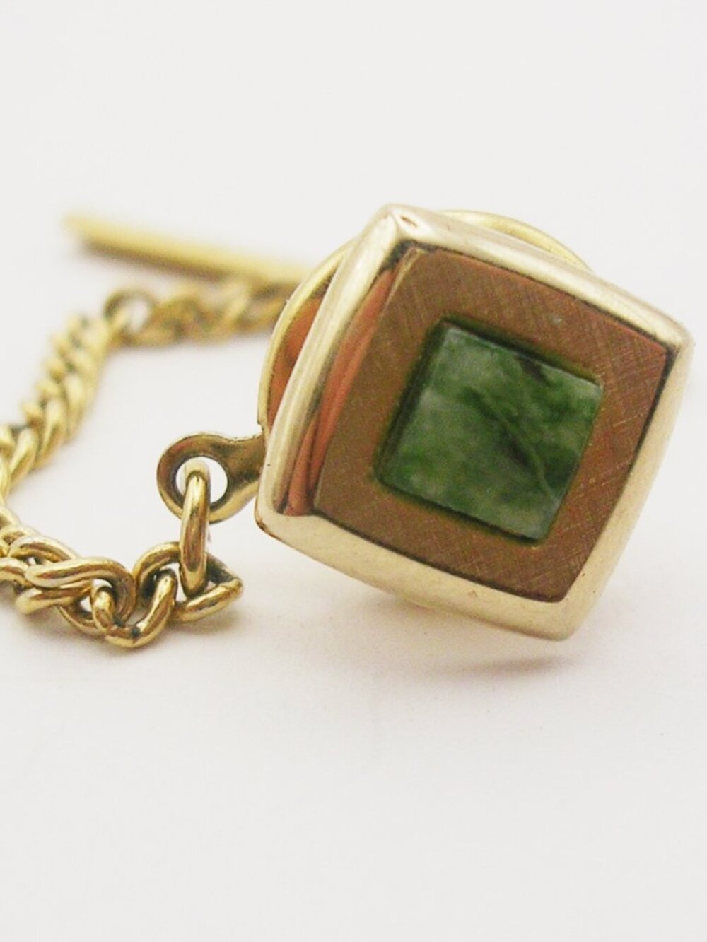 Vintage genuine Jade Tie Tack Pin with Chain classic Swank Men's Necktie Holder